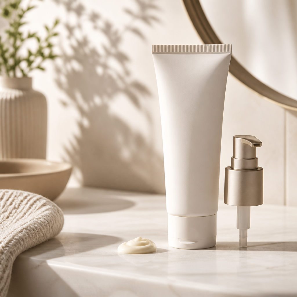 Neutrale Retinol-Creme in einem lichtgeschützten Pumpspender neben einer dezenten Creme-Textur