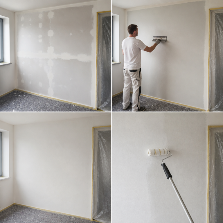 Vorbereitete und grundierte Wand vor dem Auftrag von Rollputz