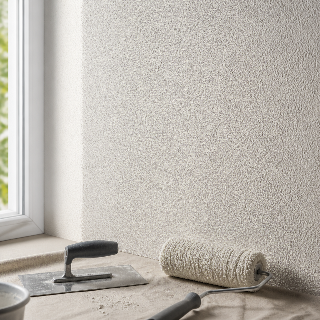 Strukturierte Innenwand mit gleichmäßig aufgetragenem Rollputz und Werkzeug