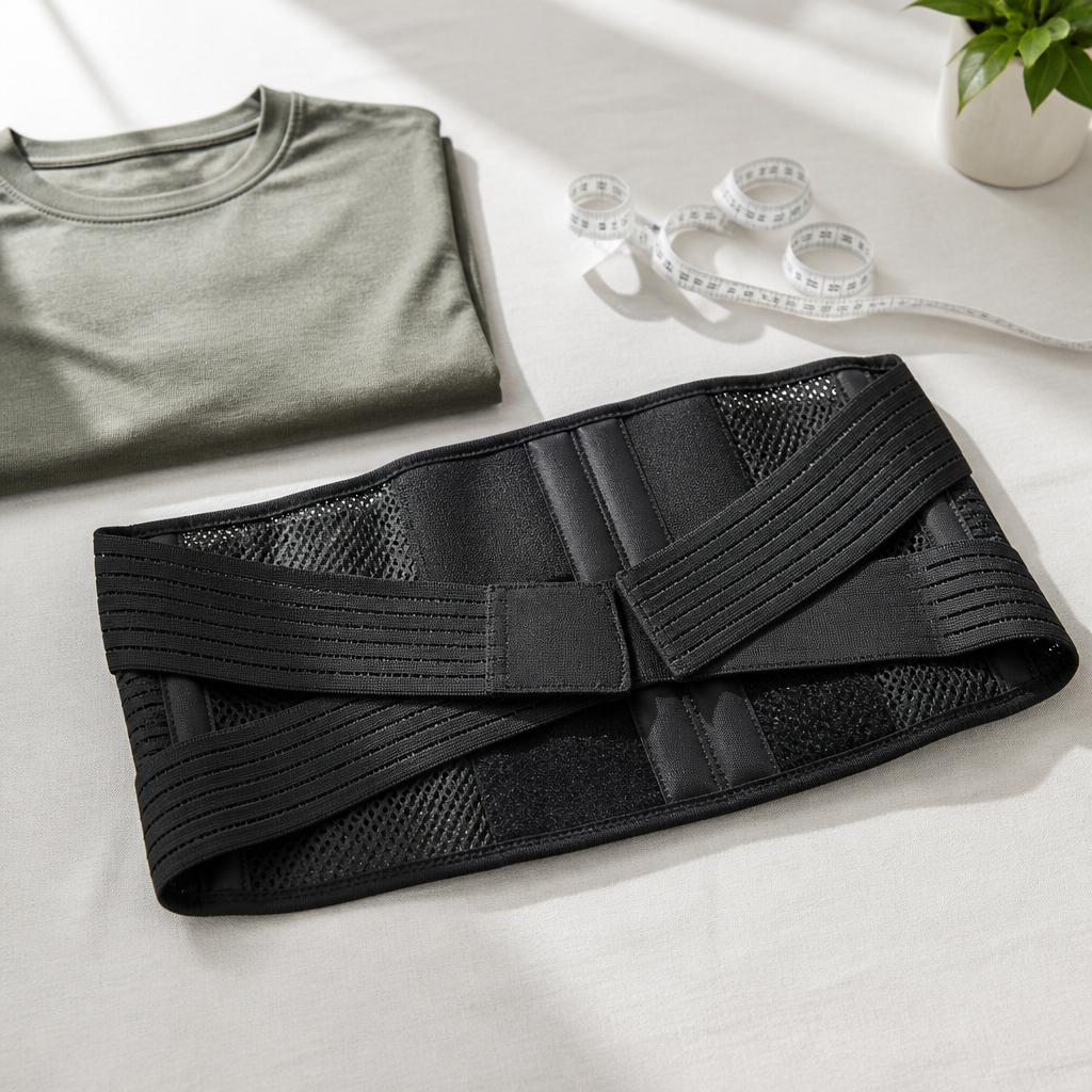 Neutraler Rückenstabilisator mit Maßband und gefaltetem Shirt
