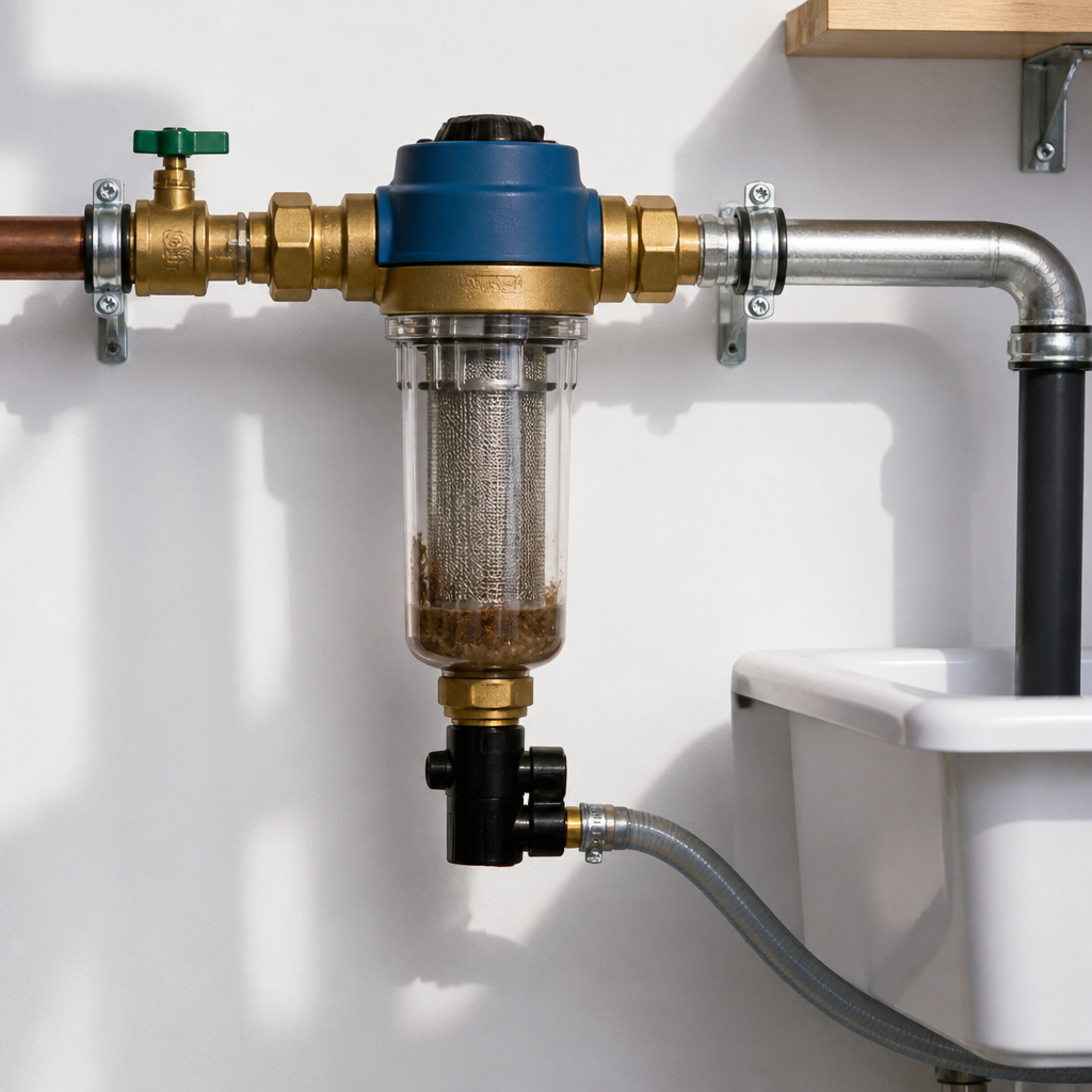 Rückspülfilter mit transparentem Gehäuse an einer Hauswasserleitung
