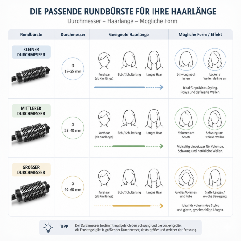 Vergleich verschiedener Rundbu00fcrsten nach Durchmesser und Haarlu00e4nge