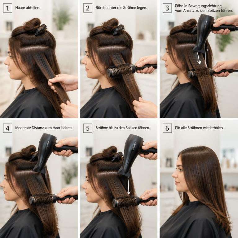 Richtiges Fu00f6hnen einer Haarpartie mit Rundbu00fcrste und Fu00f6hn