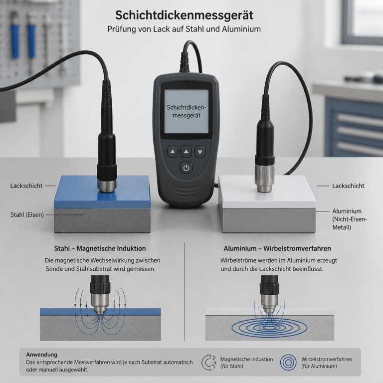 Schichtdickenmessgeru00e4t bei der Pru00fcfung von Beschichtungen auf Stahl und Aluminium