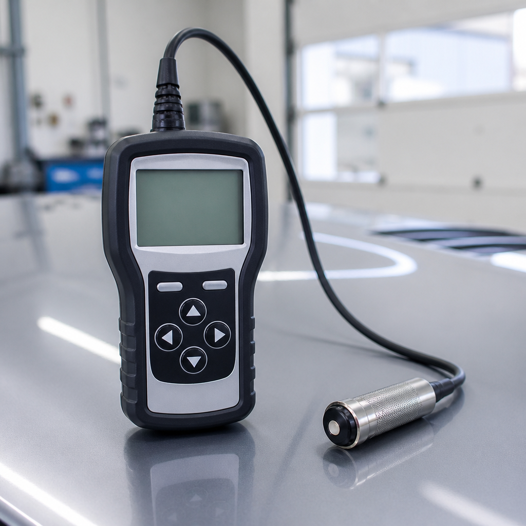 Tragbares digitales Schichtdickenmessgerät mit Messsonde auf einer lackierten Metallplatte