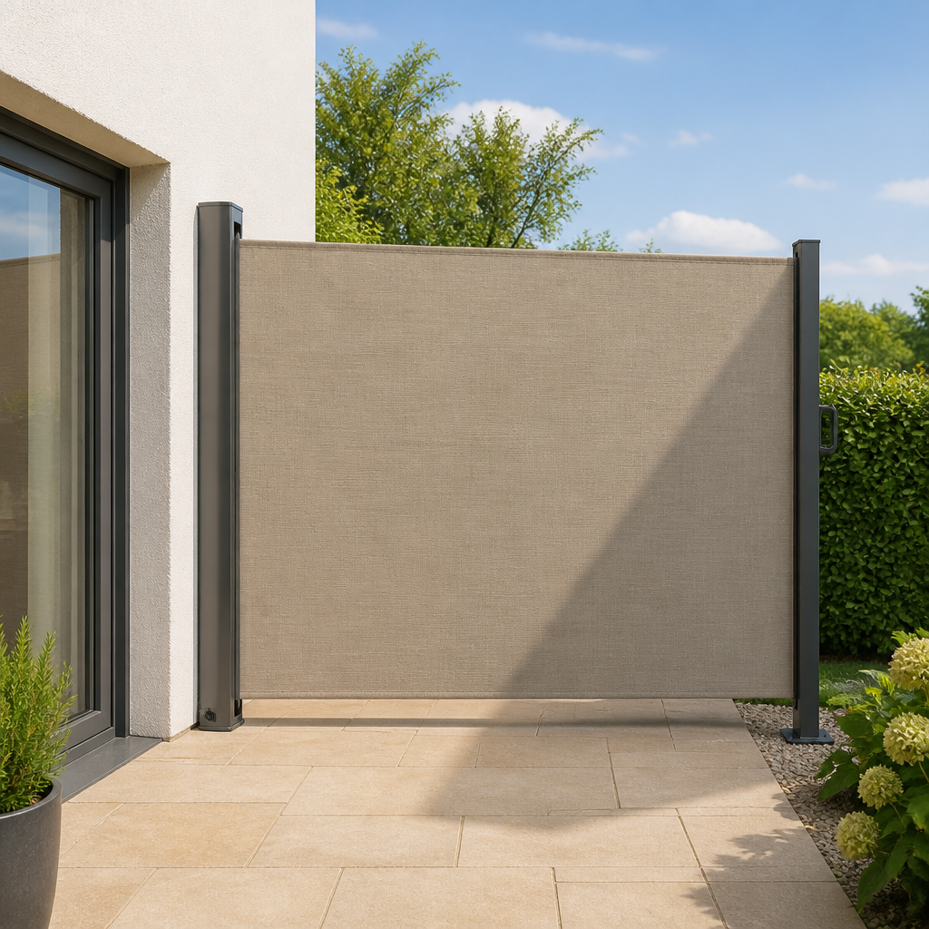 Ausgezogene Seitenmarkise als Sicht- und Sonnenschutz auf einer Terrasse