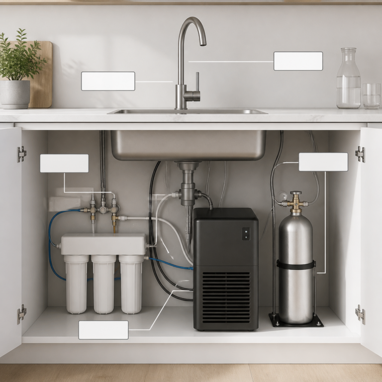 Untertischtechnik einer Sodaarmatur mit Filter, Ku00fchleinheit und CO2-Flasche