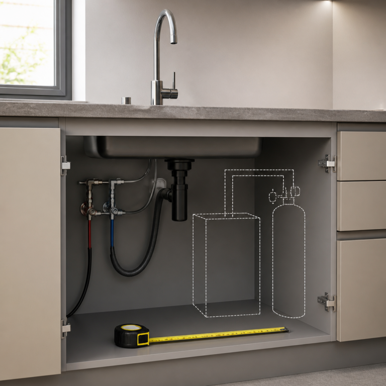 Vermessener Unterschrank fu00fcr die Installation einer Sodaarmatur