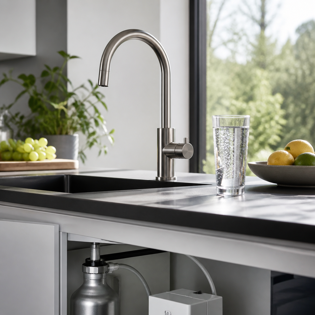 Moderne Sodaarmatur an einer Küchenspüle mit Glas sprudelndem Wasser