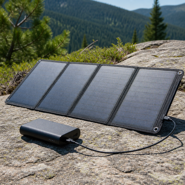 Schattenfrei zur Sonne ausgerichtetes Solar-Ladegeru00e4t mit Powerbank