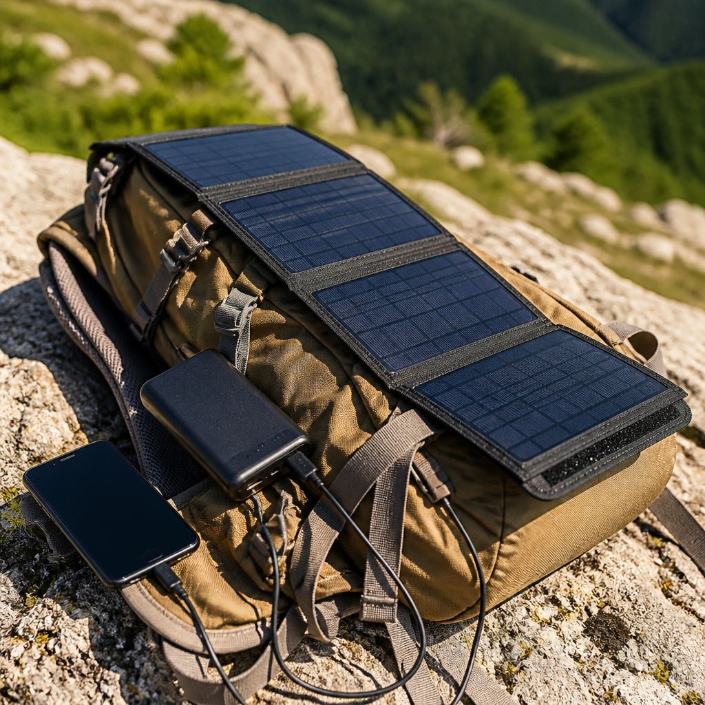 Faltbares Solar-Ladegerät mit Powerbank und Smartphone bei einer Outdoor-Tour