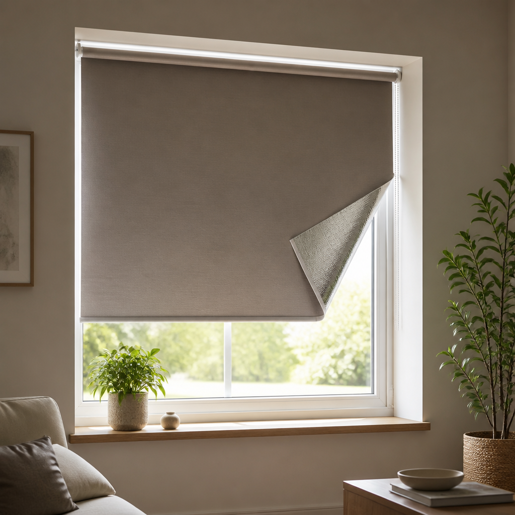 Thermo-Rollo an einem sonnigen Fenster mit teilweise abgedunkeltem Wohnraum