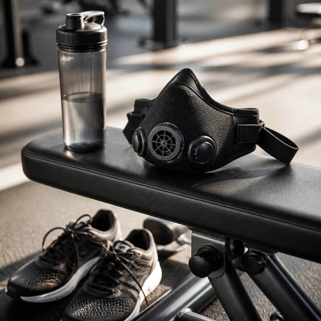Trainingsmaske mit sichtbaren Ventilen neben Laufschuhen auf einer Trainingsbank