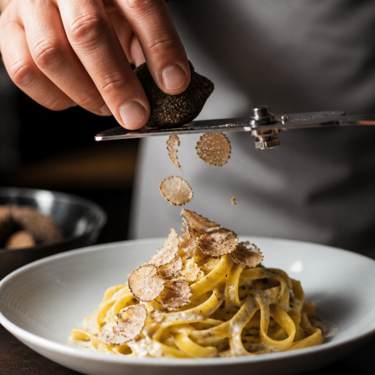 Frische Tru00fcffel werden du00fcnn u00fcber einem Pastagericht gehobelt
