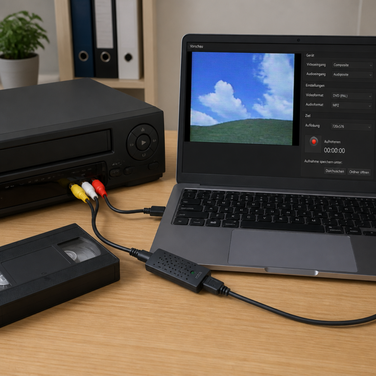 Aufbau zur Digitalisierung eines Videosignals mit USB-Grabber und Laptop