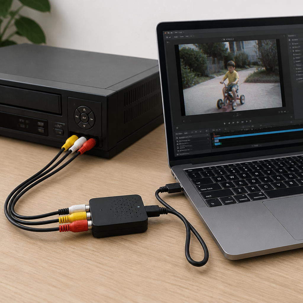USB-Video-Grabber verbindet einen VHS-Rekorder über Cinch mit einem Laptop.