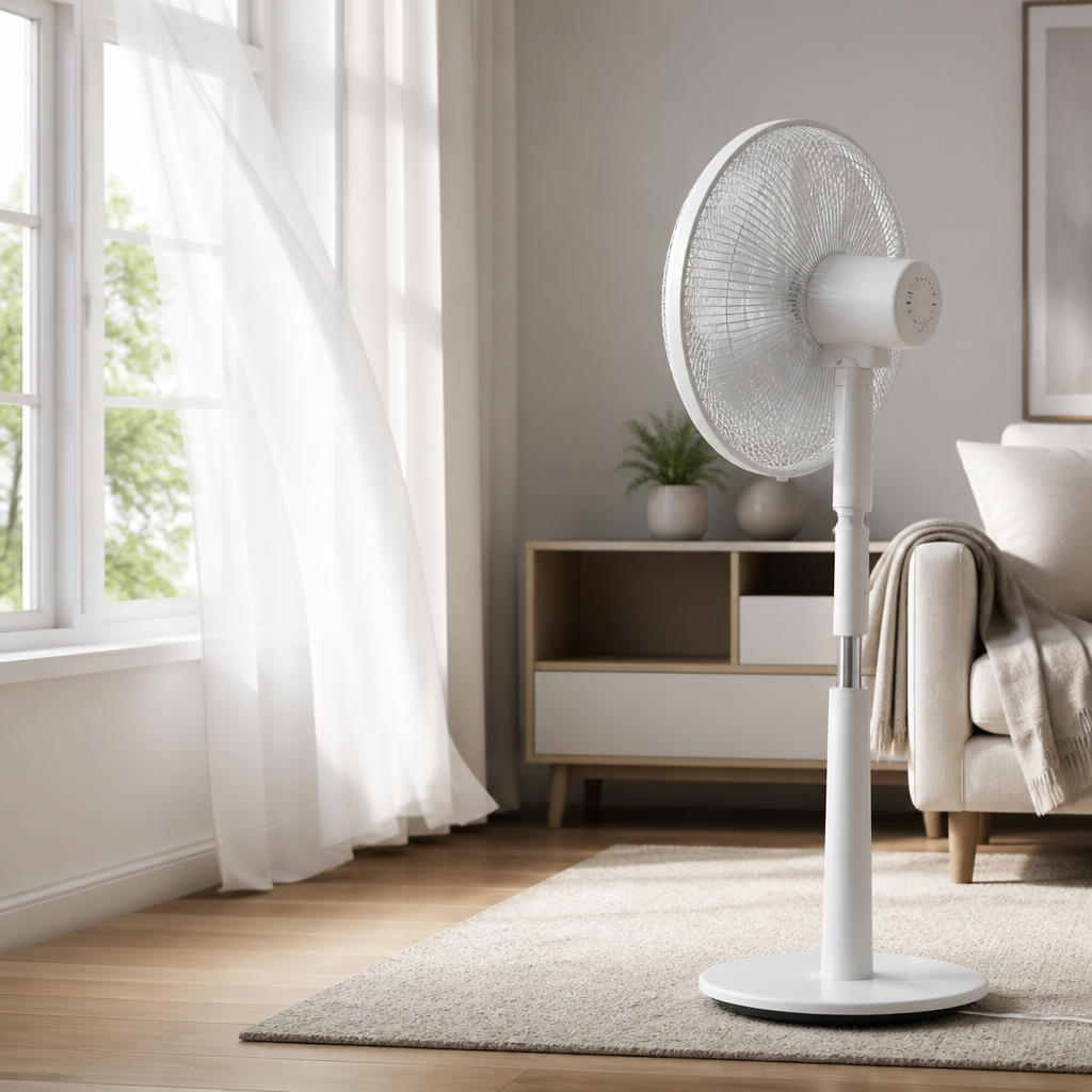 Moderner Standventilator in einem hellen Wohnraum