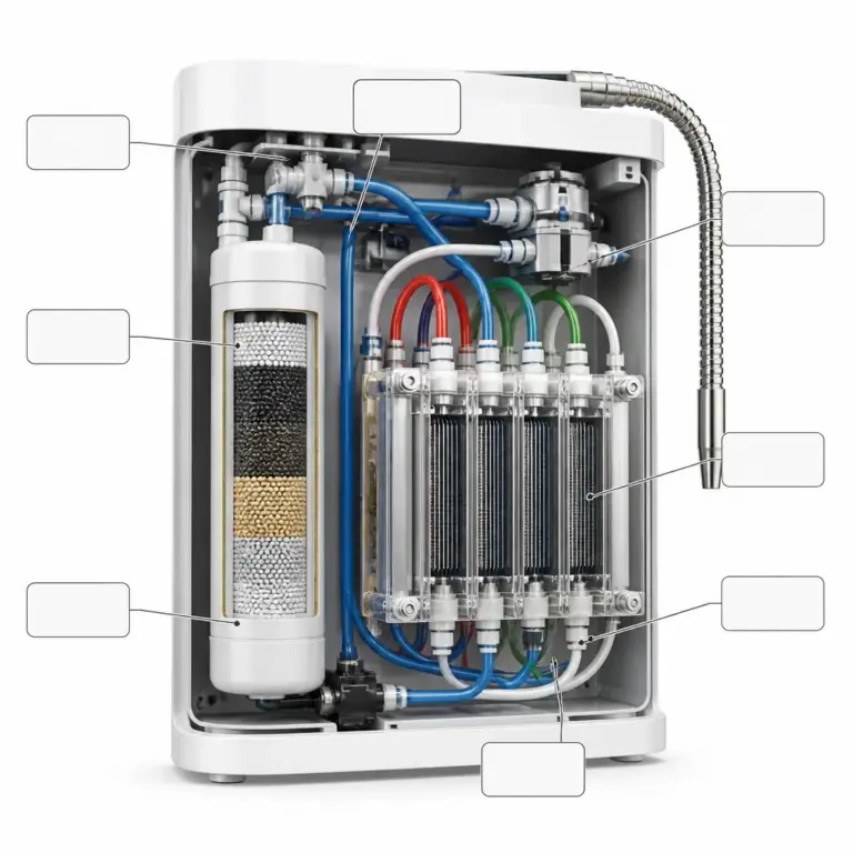 Schematischer Aufbau eines Wasserionisierers mit Filter und Elektrolysezelle