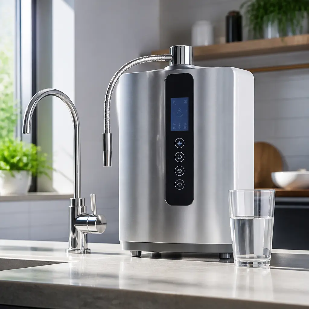 Wasserionisierer mit Glas Wasser auf einer Küchenarbeitsplatte