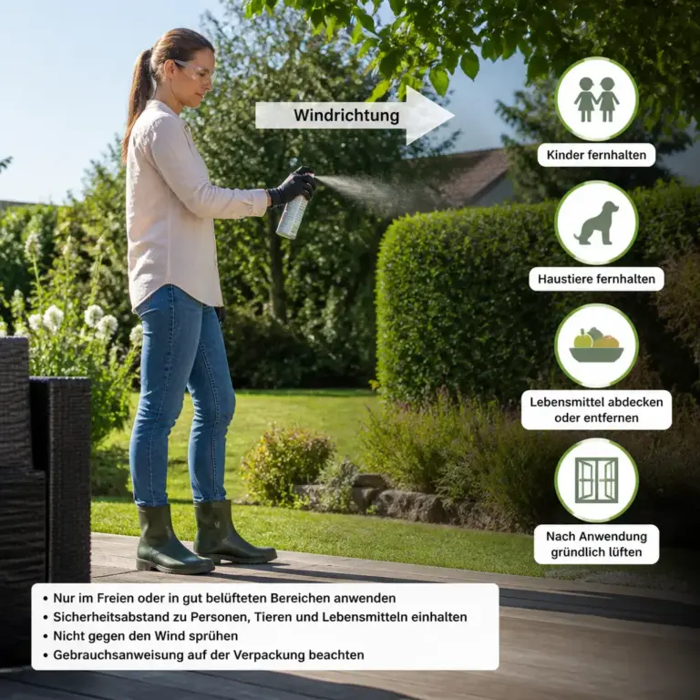 Sichere Anwendung eines Insektensprays mit Abstand und Schutzkleidung