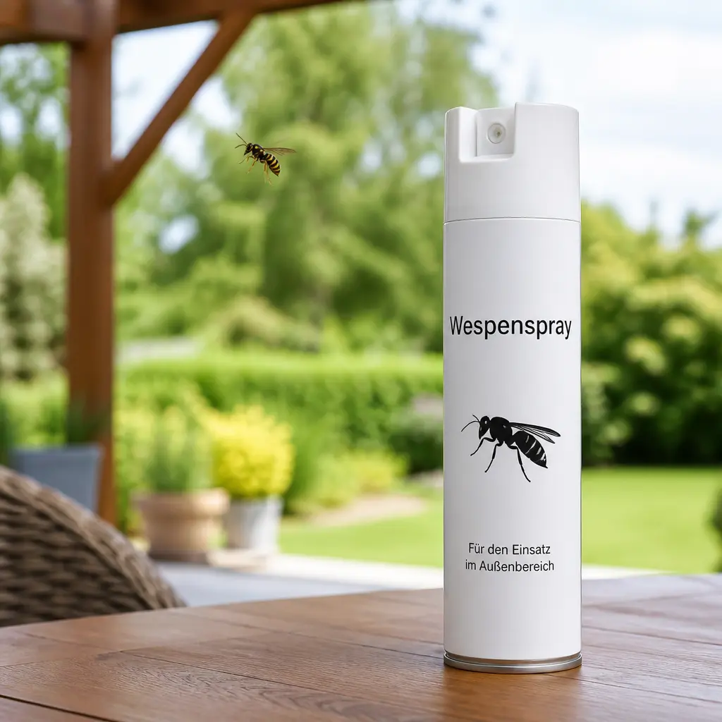 Sprühdose zur Wespenabwehr auf einer geschützten Terrasse neben einem Gartenbereich