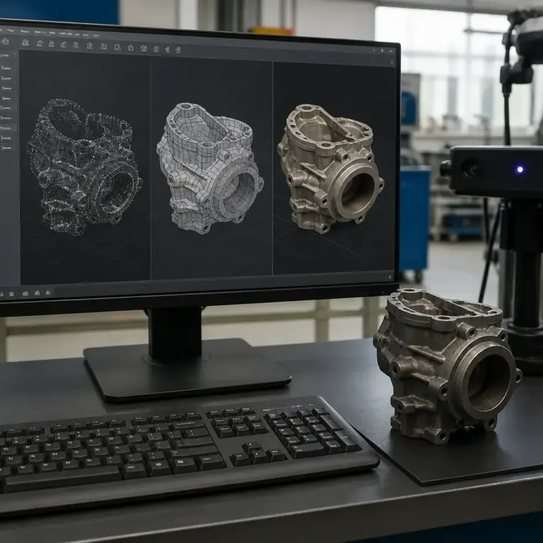 Punktwolke, Polygonnetz und texturiertes Modell in einer 3D-Scan-Software