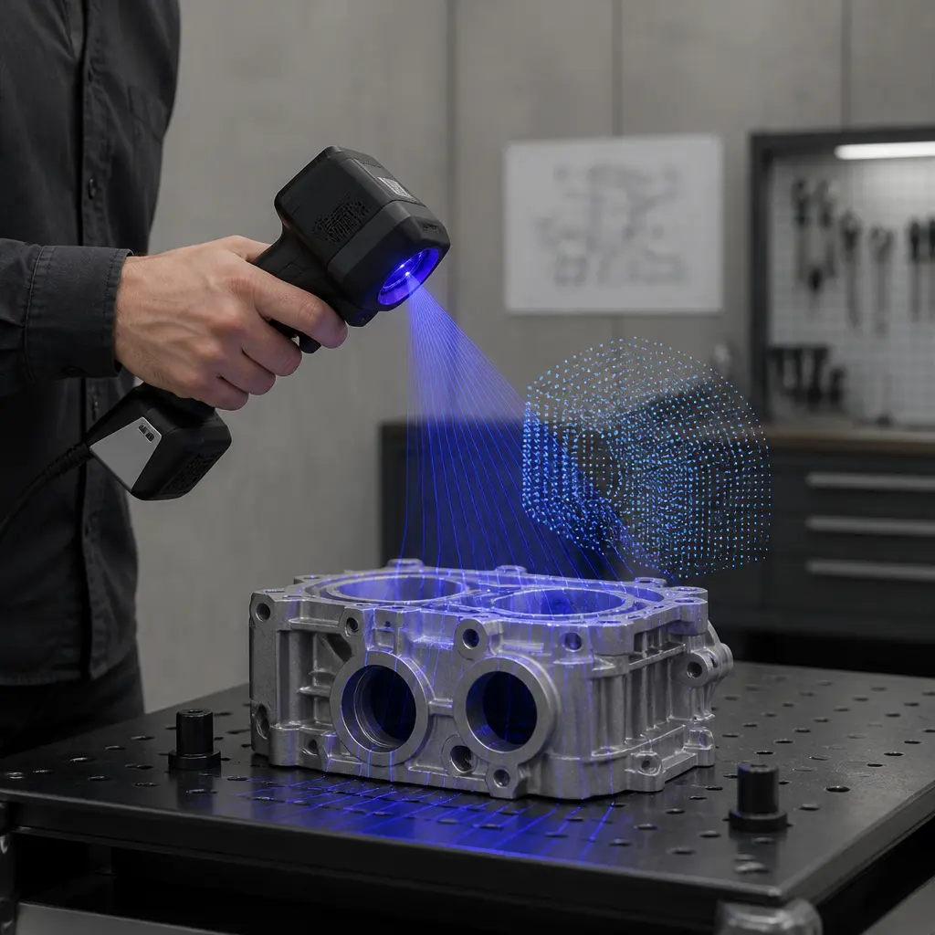 Handgeführter 3D-Scanner erfasst ein technisches Bauteil auf einem Arbeitstisch