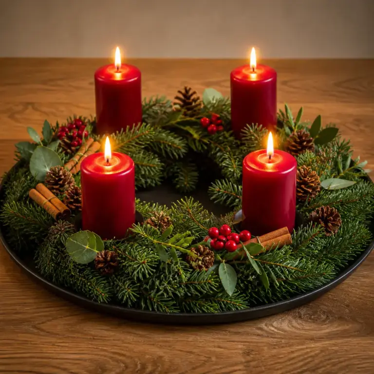 Sicher aufgestellter Adventskranz mit Abstand zwischen Kerzen und Dekoration