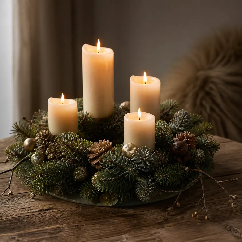 Adventskranz mit vier brennenden Adventskerzen und winterlicher Dekoration