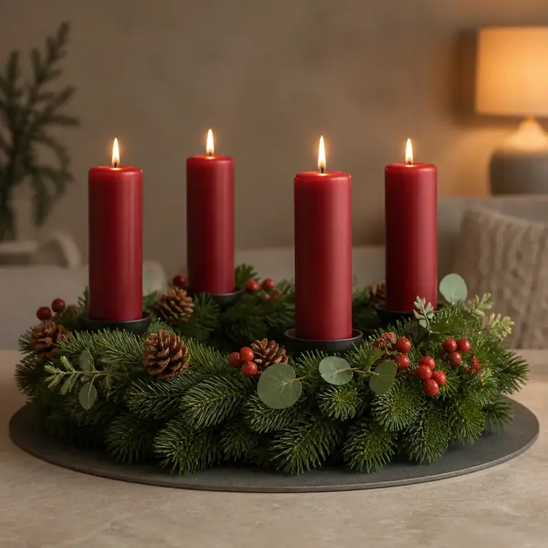 Stabiler Adventskranz mit sicheren Abstu00e4nden zwischen Kerzen und Dekoration