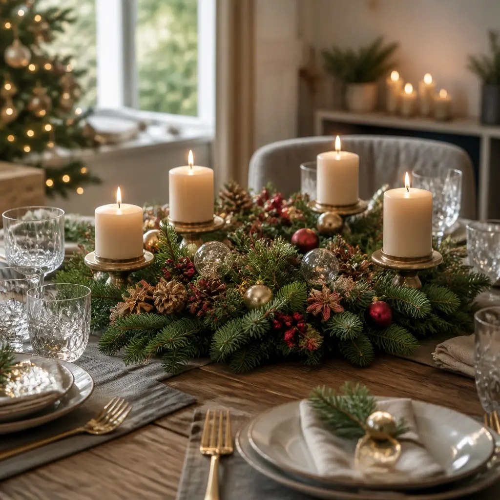 Festlich dekorierter Adventskranz mit vier Kerzen auf einem Holztisch