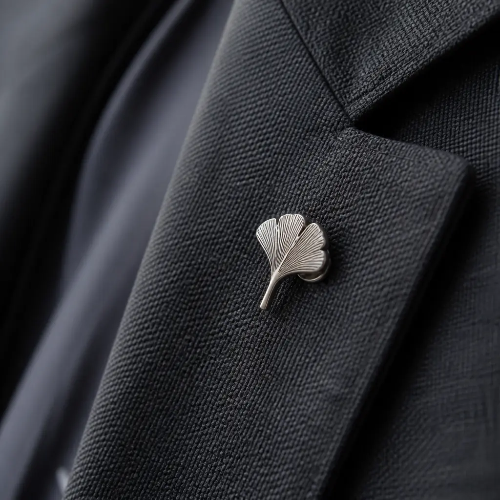 Anstecknadel mit Metallmotiv und sicherem Verschluss an einer dunklen Jacke
