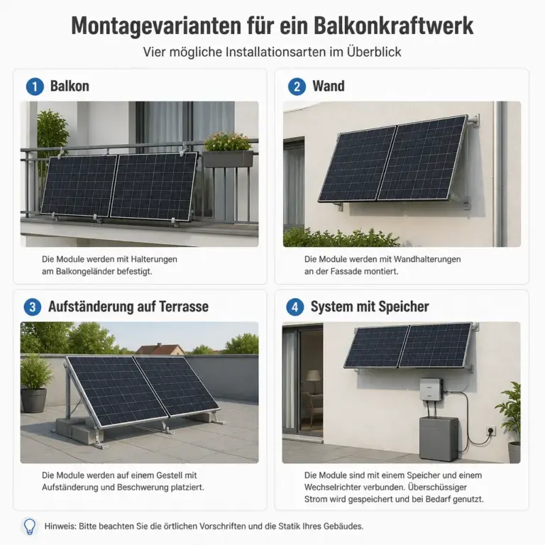 u00dcbersicht verschiedener Montagevarianten fu00fcr ein Balkonkraftwerk
