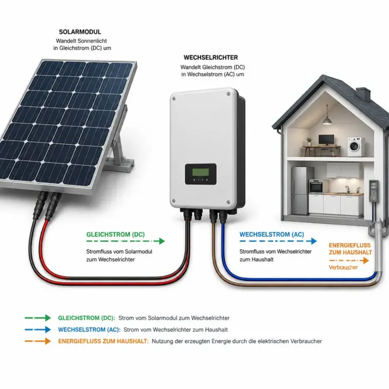 Schematische Darstellung von Solarmodul, Wechselrichter und Energiefluss