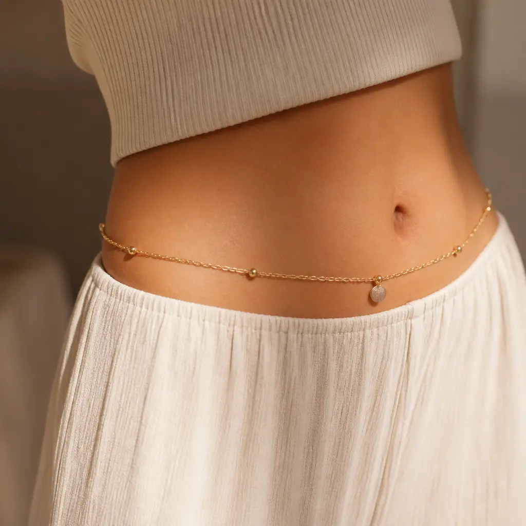 Feine Bauchkette mit kleinem Anhänger an der Taille