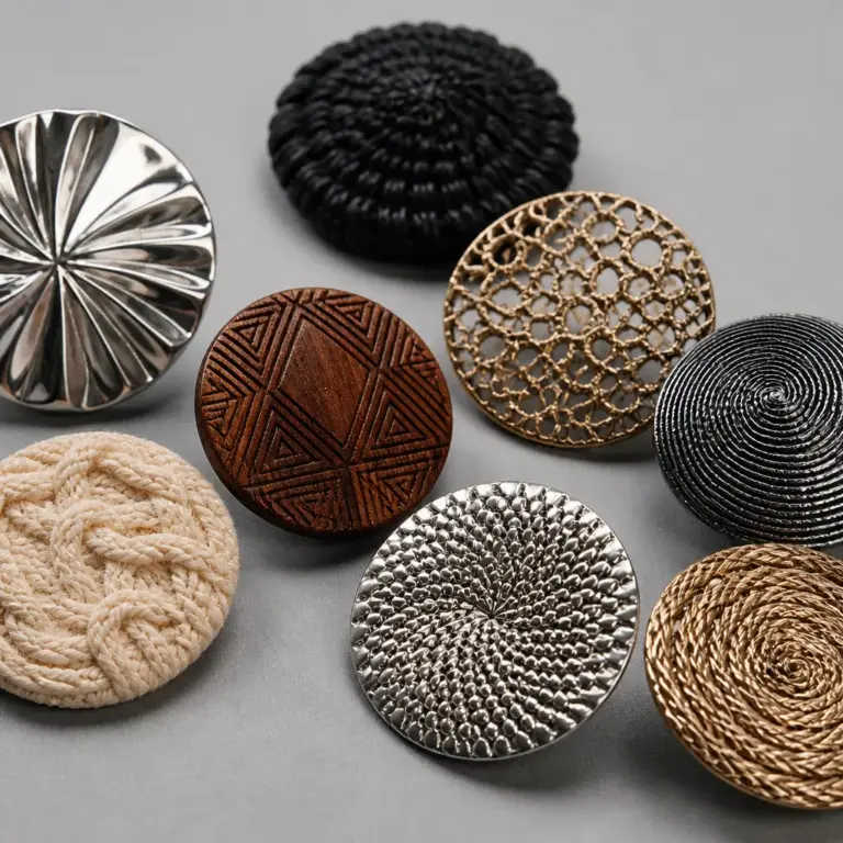 Broschen aus Metall, Holz und Textil mit unterschiedlichen Oberflu00e4chen