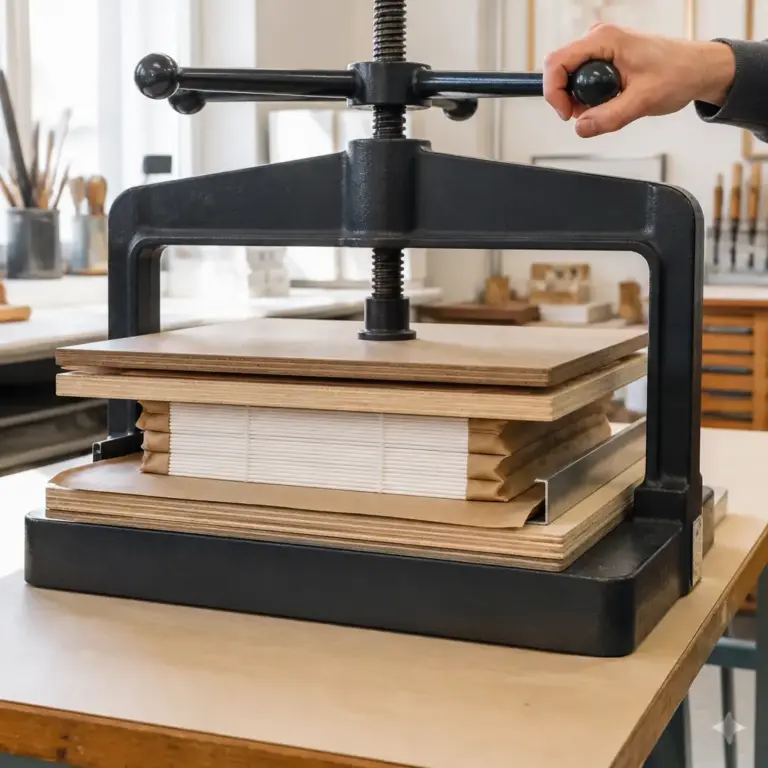 Ausgerichteter Buchblock zwischen Pressplatten wu00e4hrend des Anpressens