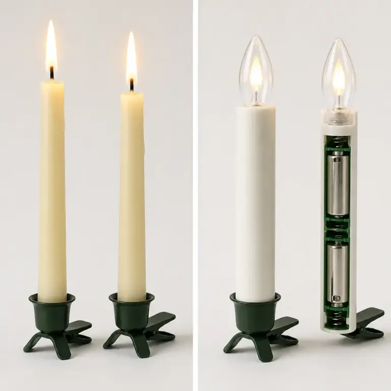 Vergleich von echten Wachskerzen und LED-Christbaumkerzen fu00fcr den Weihnachtsbaum