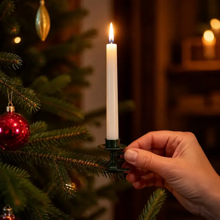 Sicher befestigte Christbaumkerze mit Abstand zu Zweigen und Weihnachtsschmuck