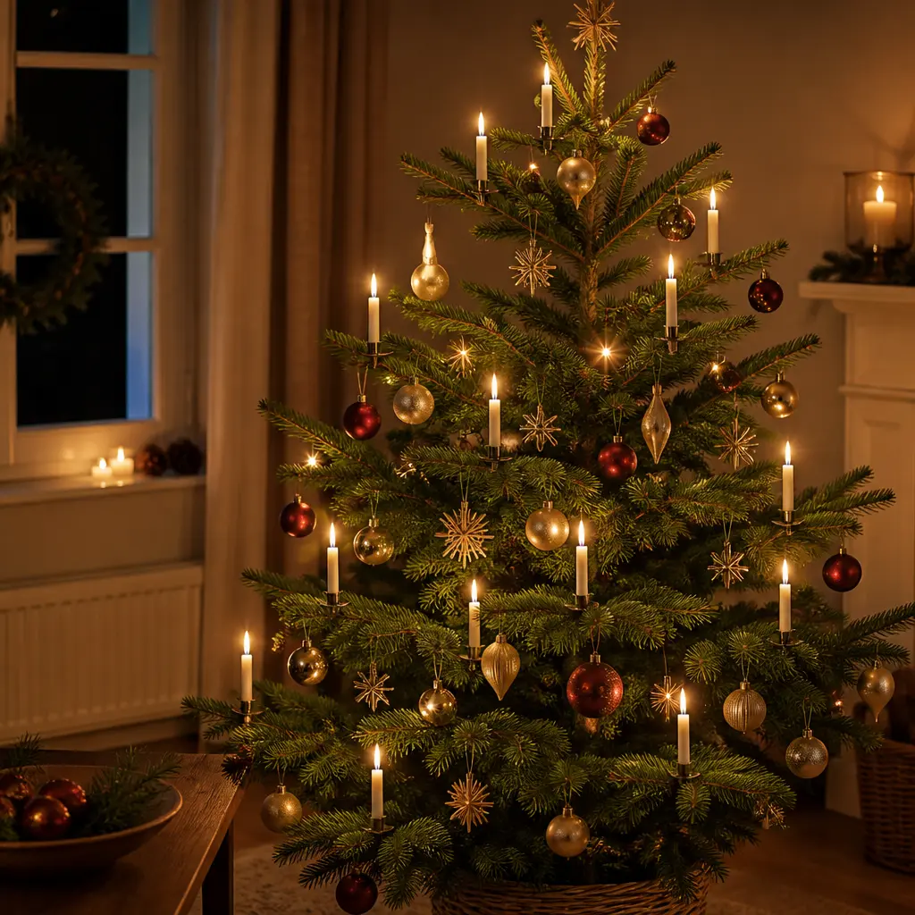 Festlich geschmückter Weihnachtsbaum mit sicher verteilten Christbaumkerzen