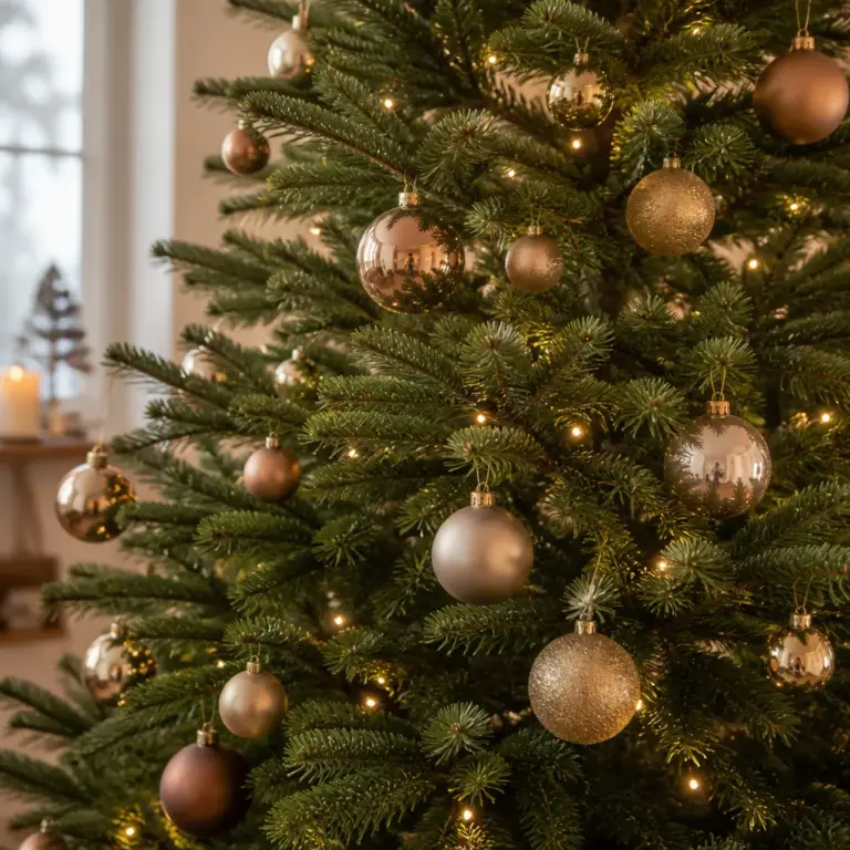 Christbaumkugeln in unterschiedlichen Gru00f6u00dfen an stabilen und feinen Zweigen eines Weihnachtsbaums