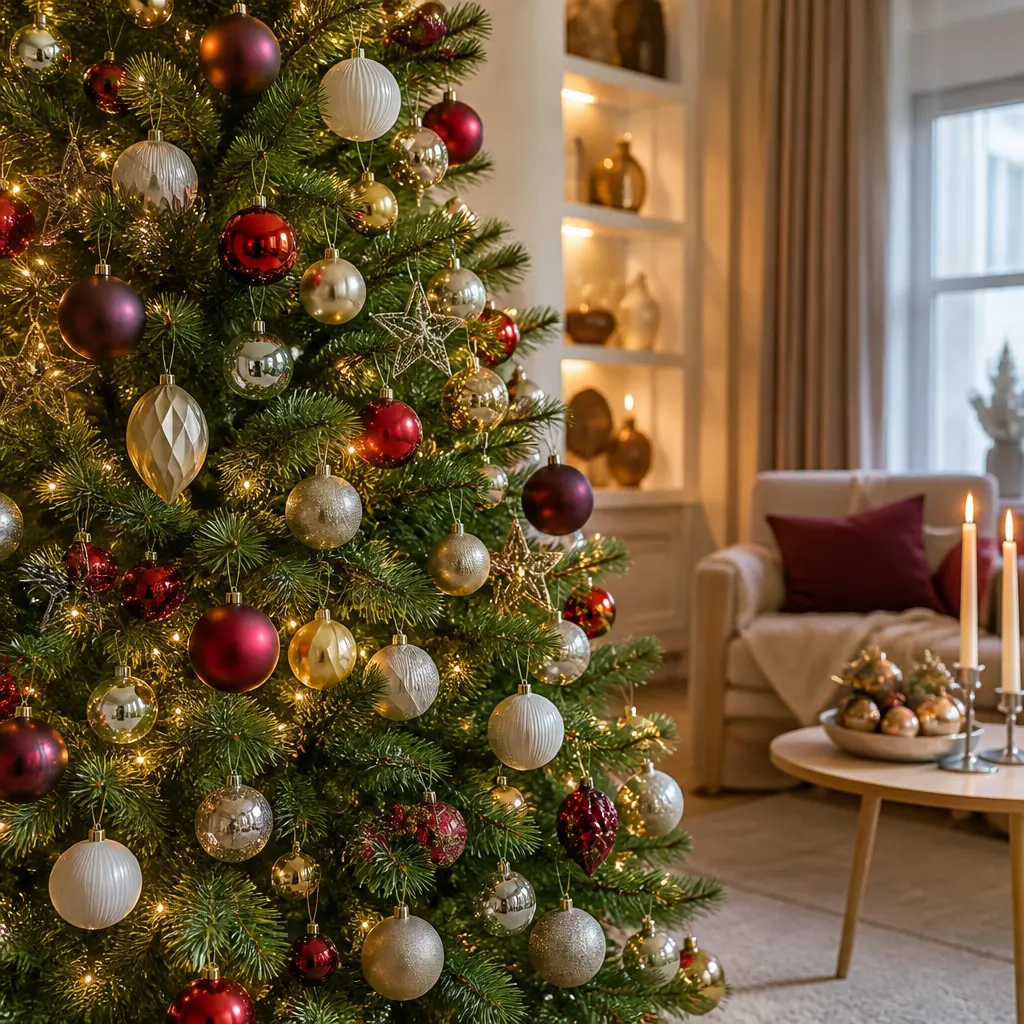 Festlich geschmückter Weihnachtsbaum mit Christbaumkugeln in verschiedenen Farben und Oberflächen