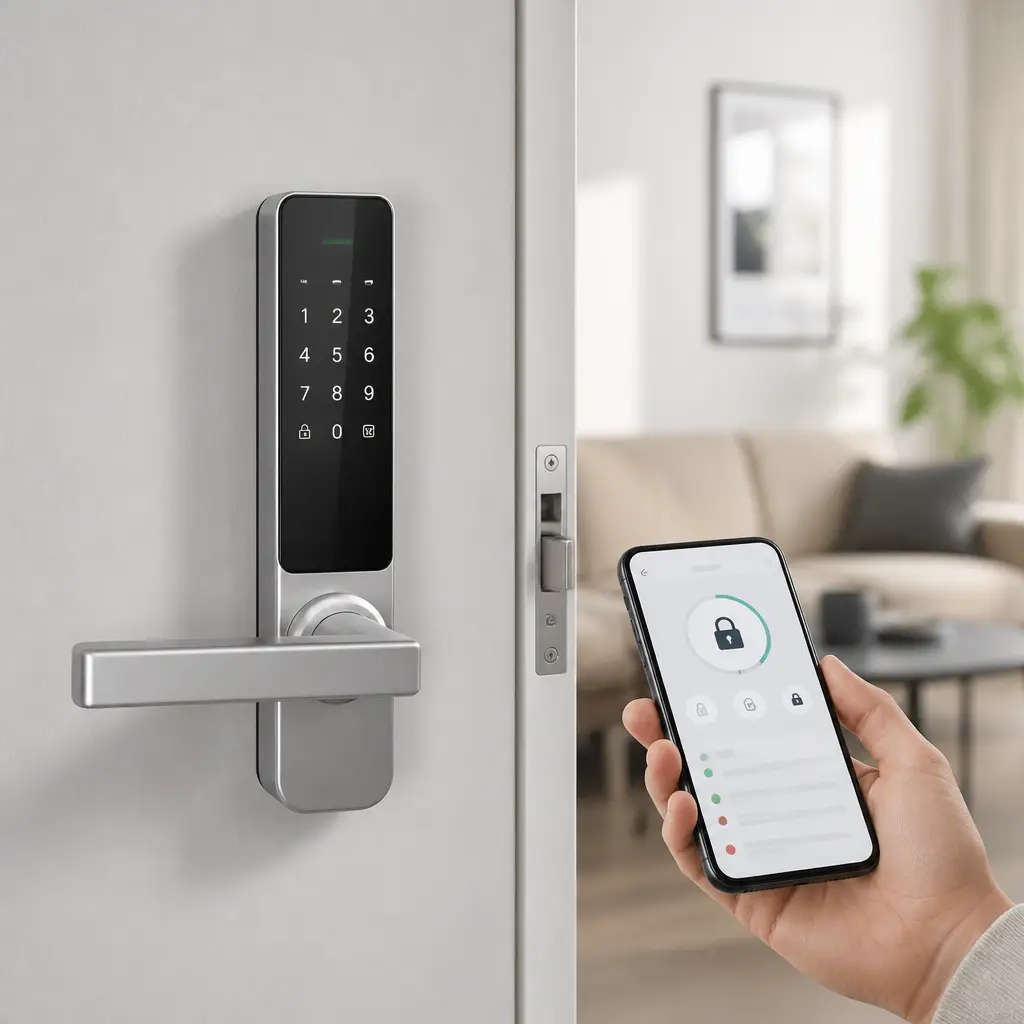 Modernes elektronisches Türschloss mit Tastenfeld an einer Wohnungstür