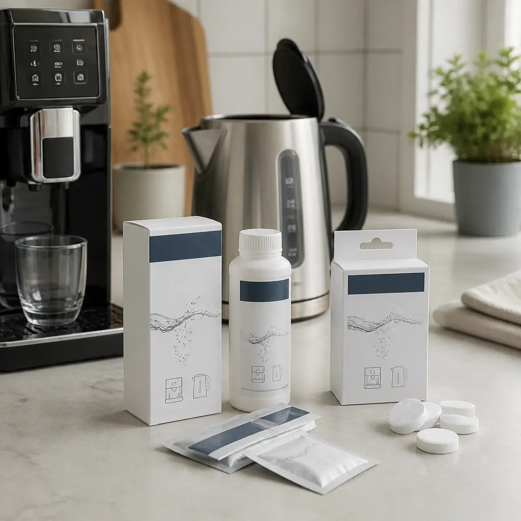 Verschiedene Entkalker neben Kaffeemaschine und Wasserkocher
