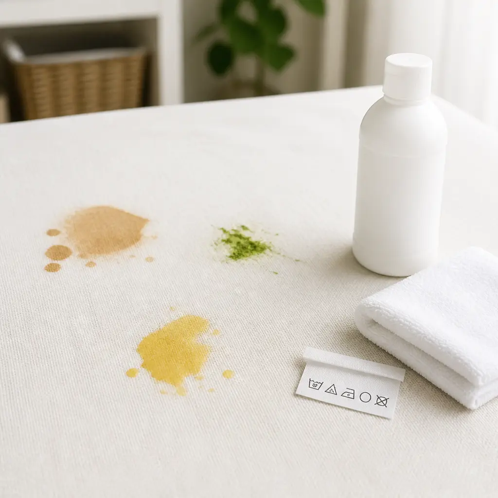 Fleckenentferner, Tuch und verschiedene Flecken auf einem hellen Textil