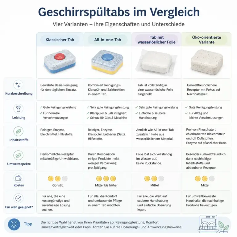 u00dcbersicht verschiedener Arten von Geschirrspu00fcltabs