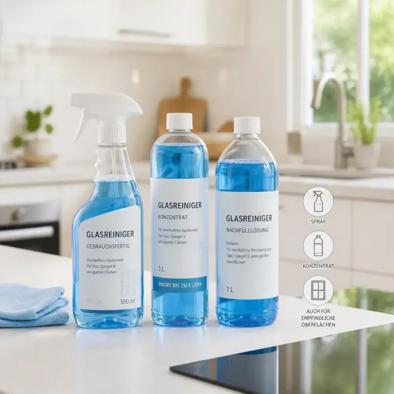 Verschiedene Glasreiniger als Spray, Konzentrat und Nachfu00fclllu00f6sung