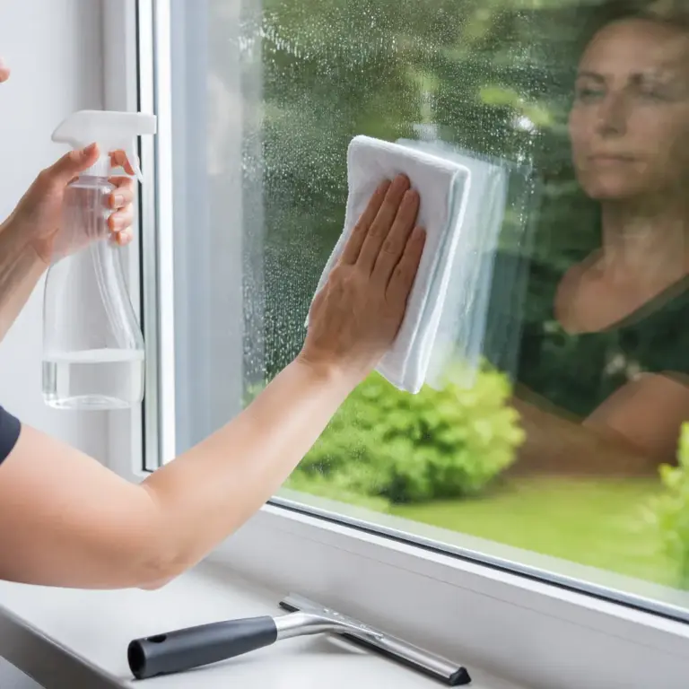 Sparsames Auftragen von Glasreiniger auf ein Mikrofasertuch beim Fensterputzen