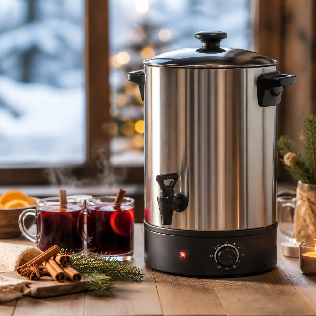 Glühweinkocher aus Edelstahl mit Zapfhahn und warmem Glühwein auf einem Tisch