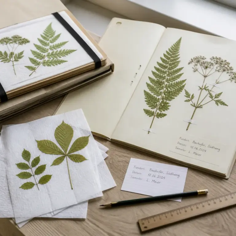Gepresste Blu00e4tter, saugfu00e4higes Papier und Beschriftungsmaterial beim Anlegen eines Herbariums